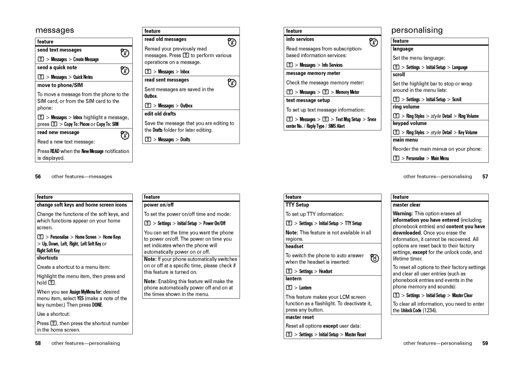 Motorola W205 manual Messages, Personalising 