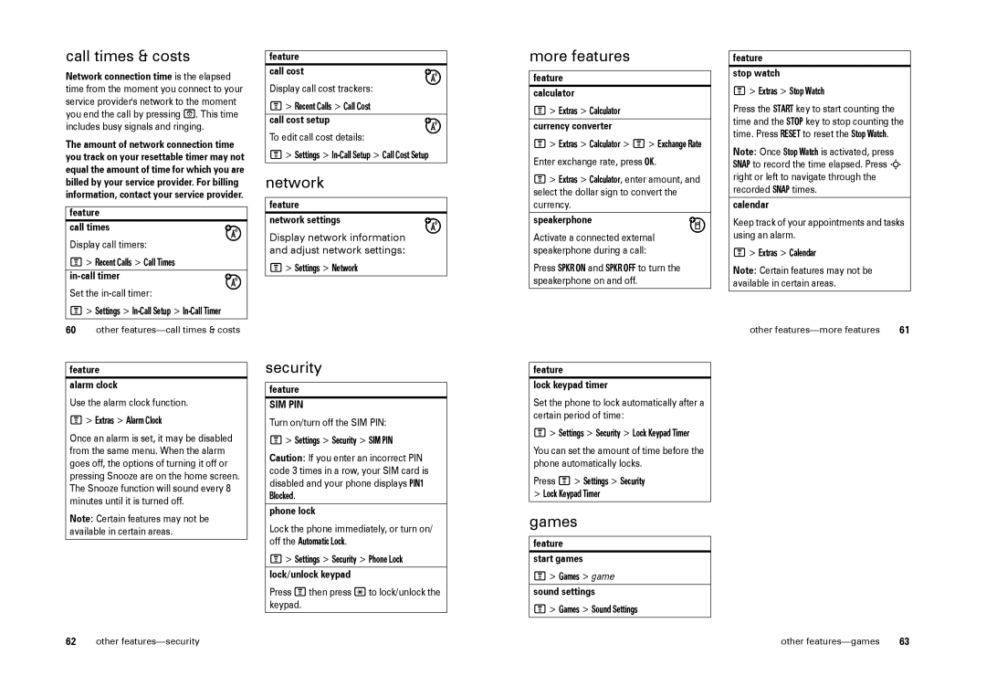 Motorola W205 manual Call times & costs, Network, Security, More features, Games 