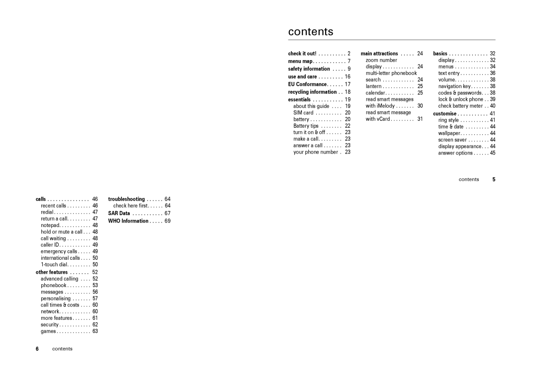 Motorola W205 manual Contents 