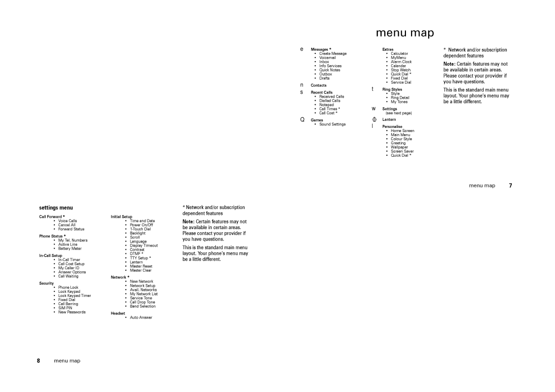 Motorola W205 manual Menu map, Settings menu 