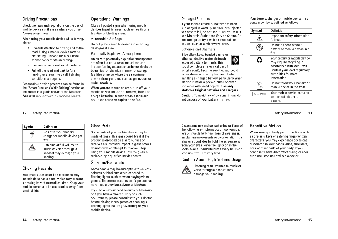 Motorola W205 manual Driving Precautions, Operational Warnings, Choking Hazards, Glass Parts, Seizures/Blackouts 