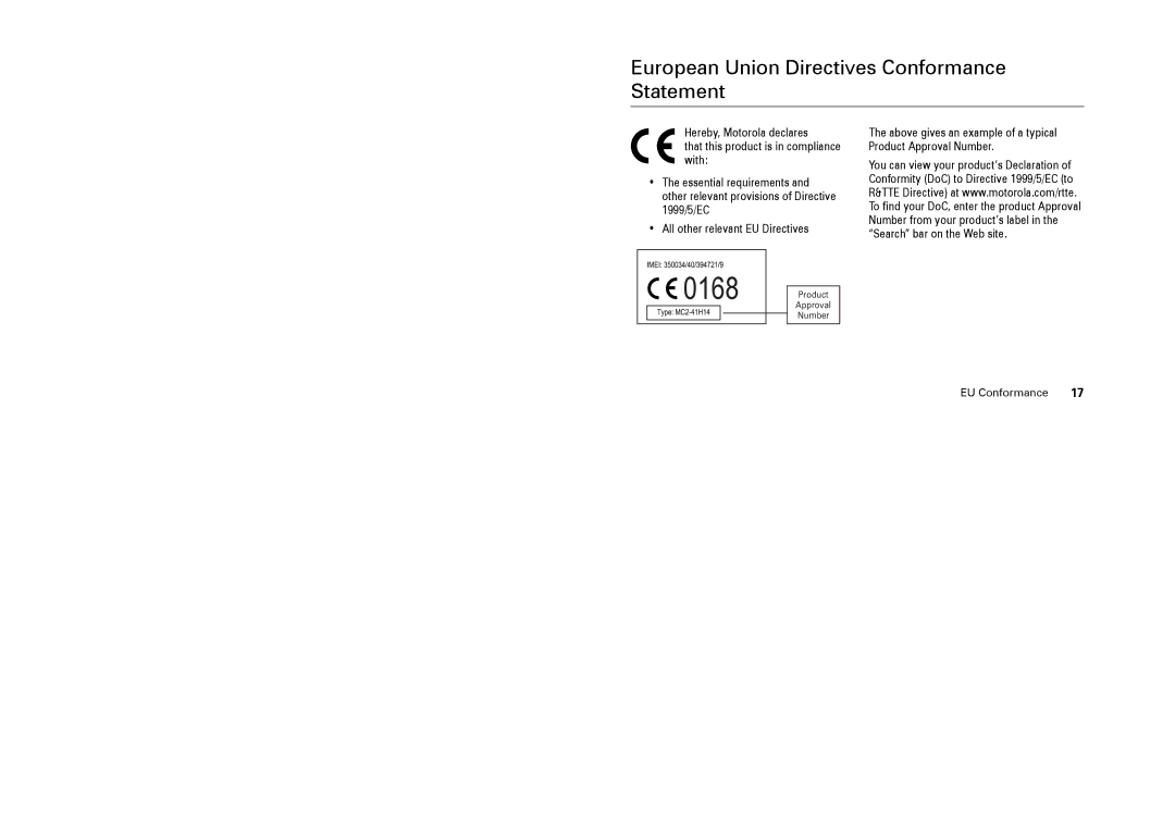 Motorola W205 manual European Union Directives Conformance Statement, EU Conformance 