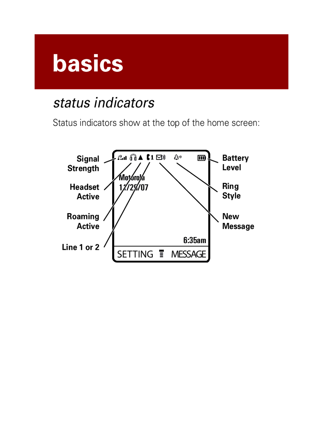 Motorola W208, W209 manual Status indicators show at the top of the home screen 