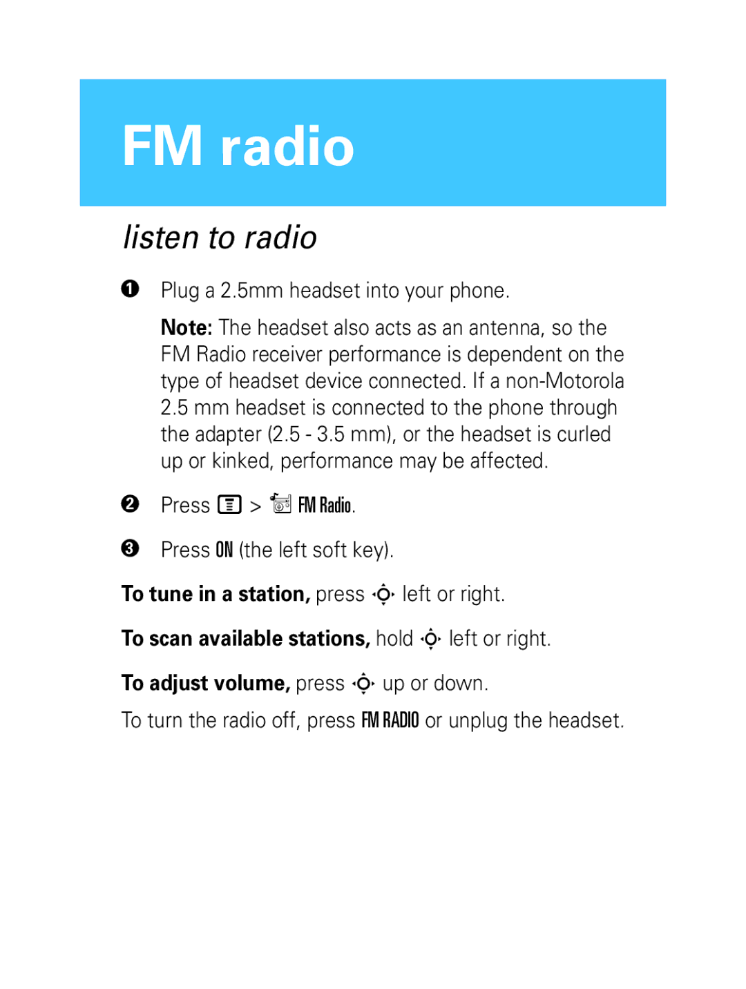 Motorola W208, W209 manual FM radio, Listen to radio 