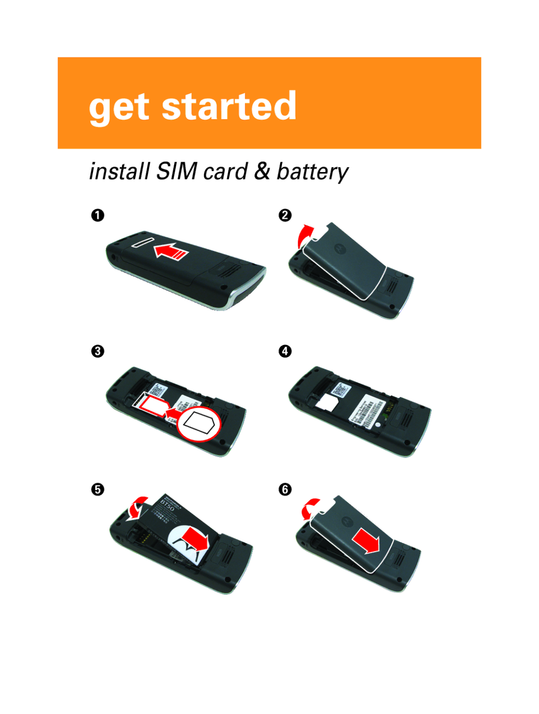 Motorola W209, W208 manual Get started, Install SIM card & battery 