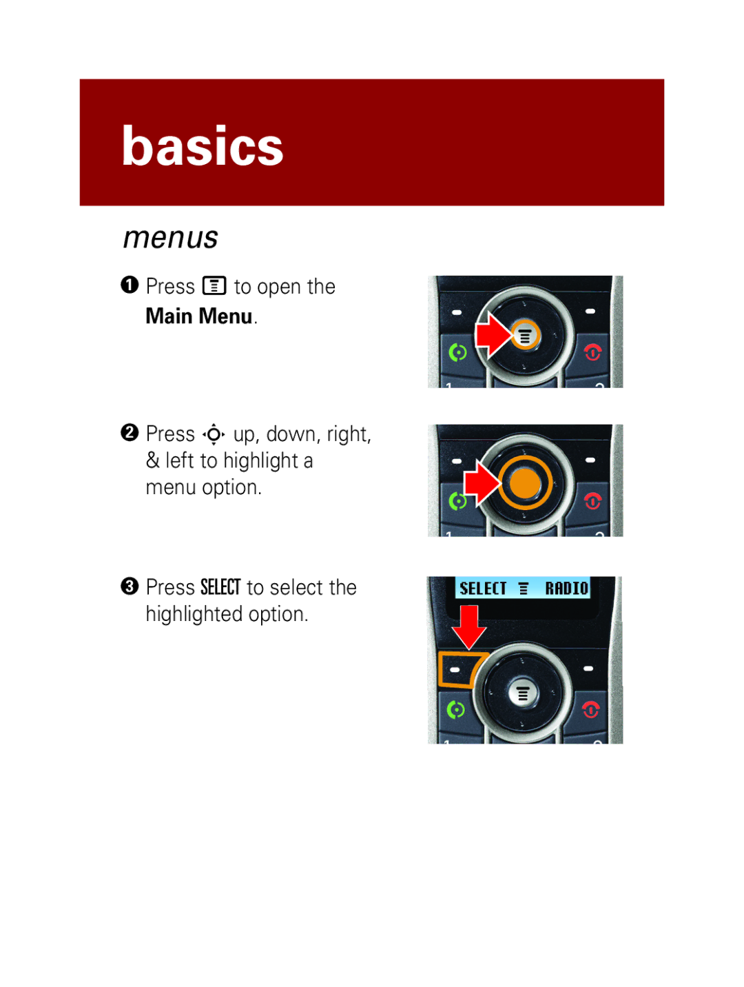 Motorola W209, W208 manual Menus, Main Menu 