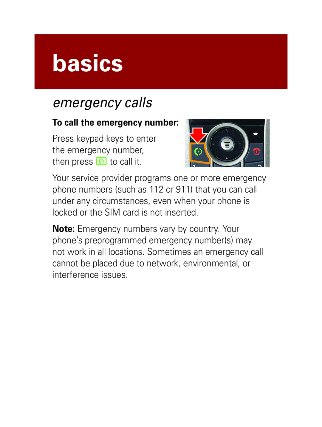 Motorola W208, W209 manual Emergency calls, To call the emergency number 