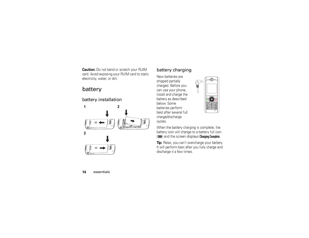 Motorola W210 manual Battery installation Battery charging 