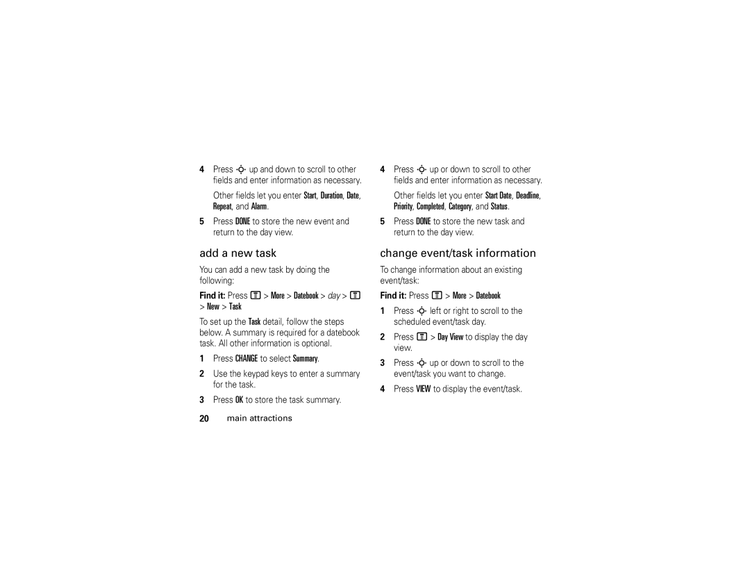 Motorola W210 Add a new task, Change event/task information, New Task, To change information about an existing event/task 