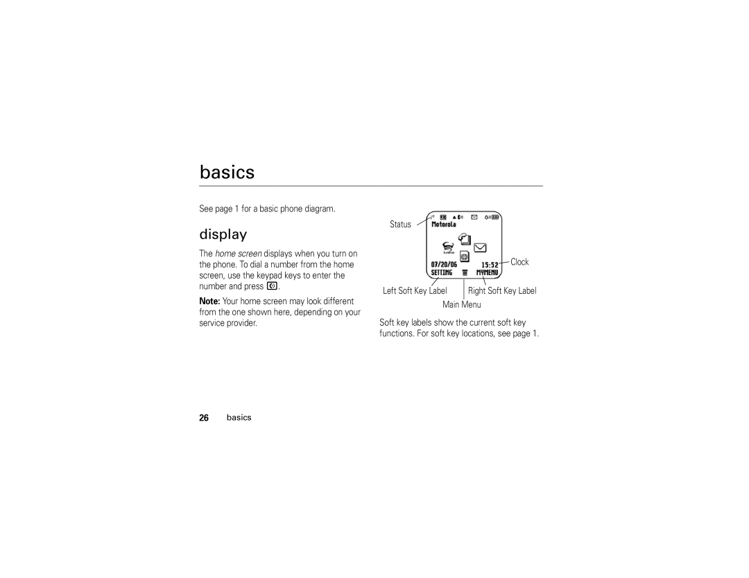 Motorola W210 manual Basics, Display, See page 1 for a basic phone diagram 