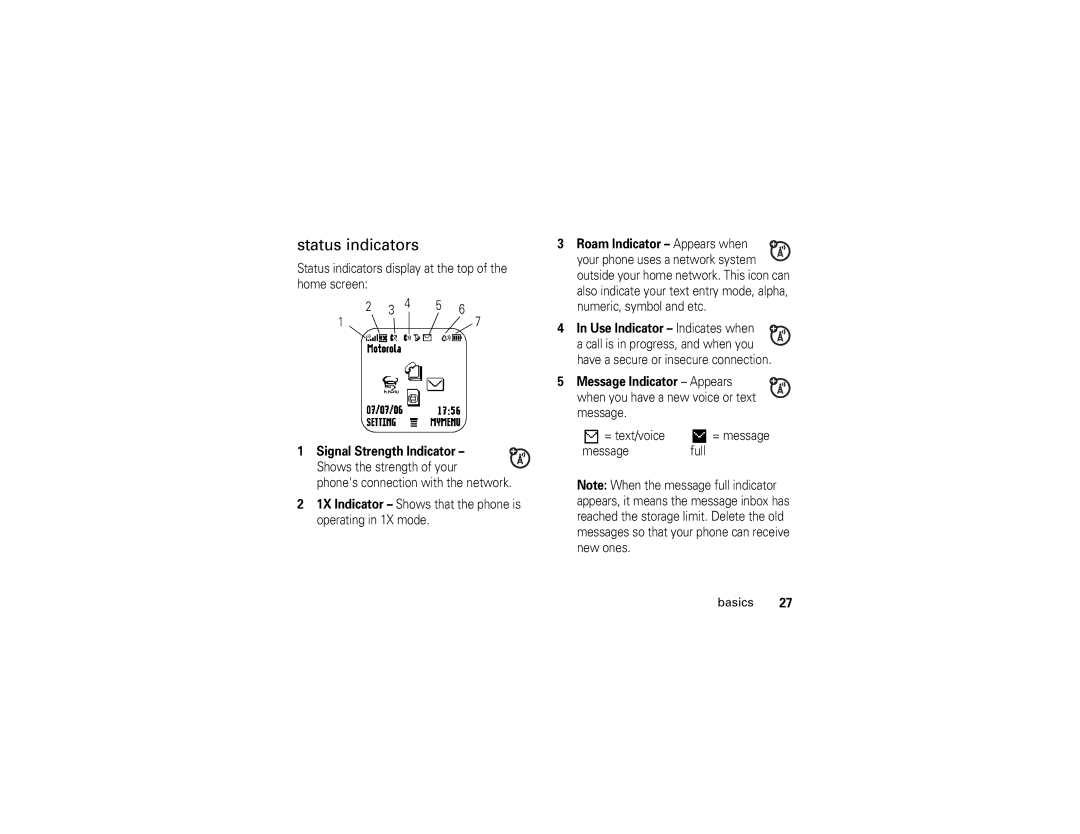 Motorola W210 manual Status indicators display at the top of the home screen, = text/voice, Message Full Basics 