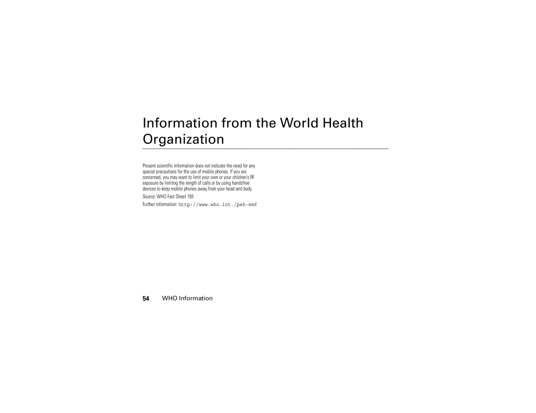 Motorola W210 manual Information from the World Health Organization, WHO Information 