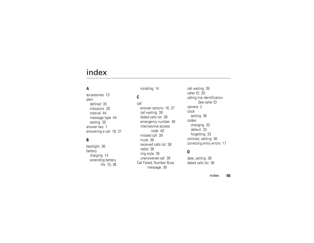 Motorola W210 manual Index, Call waiting 39 caller ID, Camera 2 clock Setting 36 codes, Correcting entry errors 