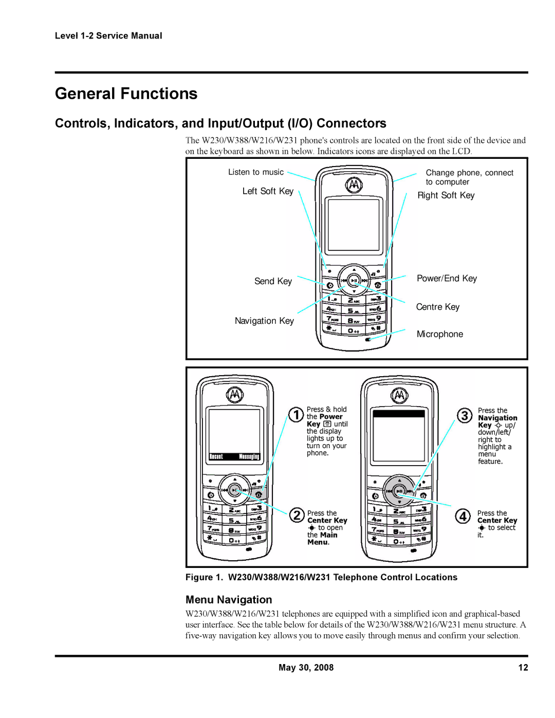 Motorola W216, W231, W388 General Functions, Controls, Indicators, and Input/Output I/O Connectors, Menu Navigation 