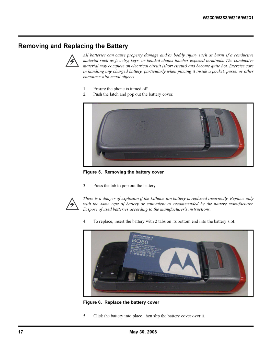 Motorola W388, W216, W231 service manual Removing and Replacing the Battery, Removing the battery cover 