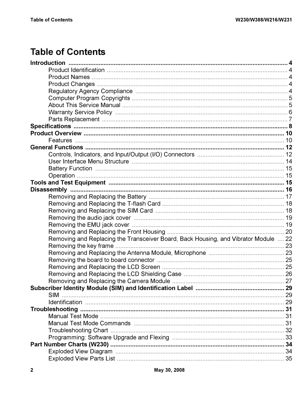 Motorola W388, W216, W231 service manual Table of Contents 