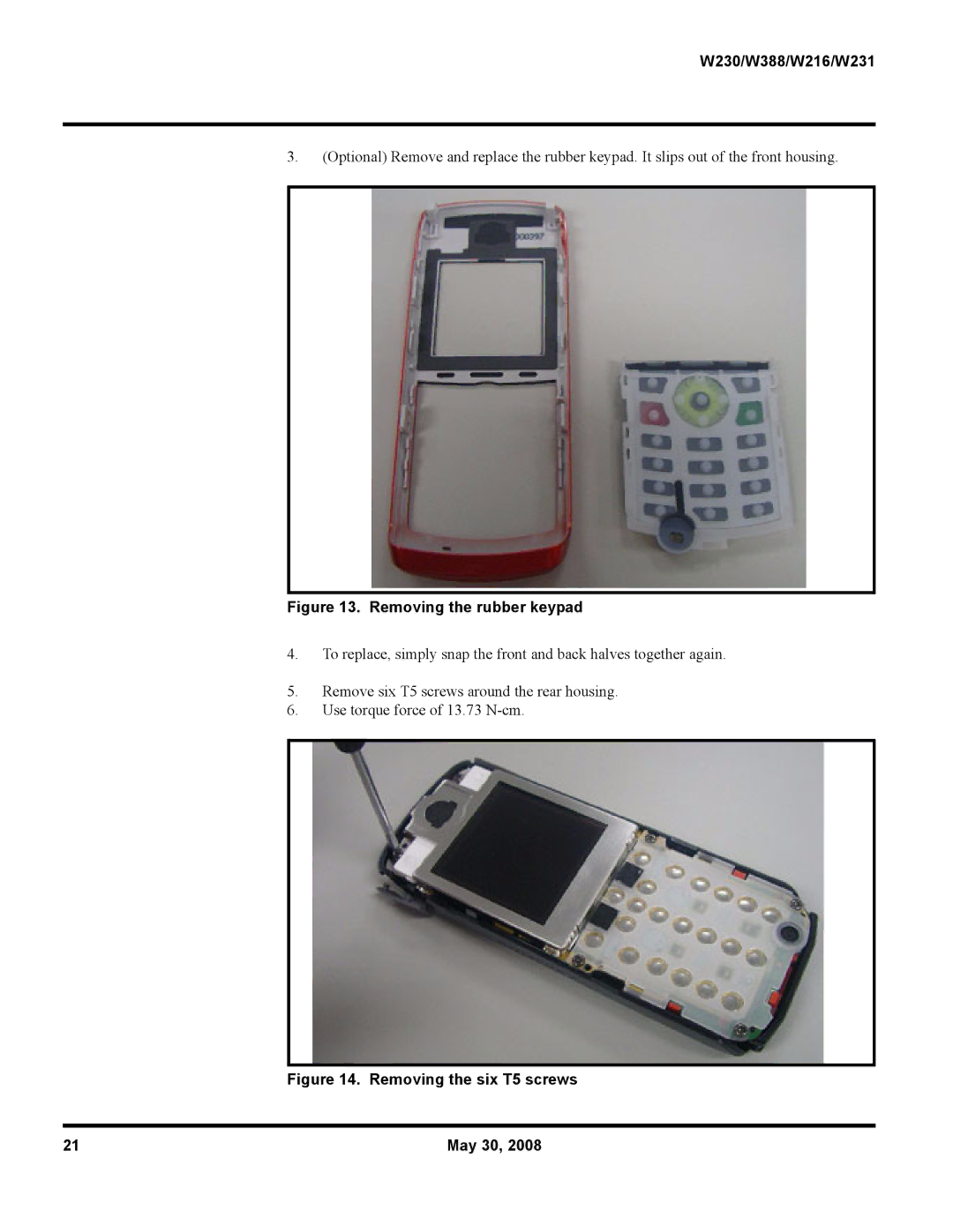 Motorola W216, W231, W388 service manual Removing the rubber keypad 