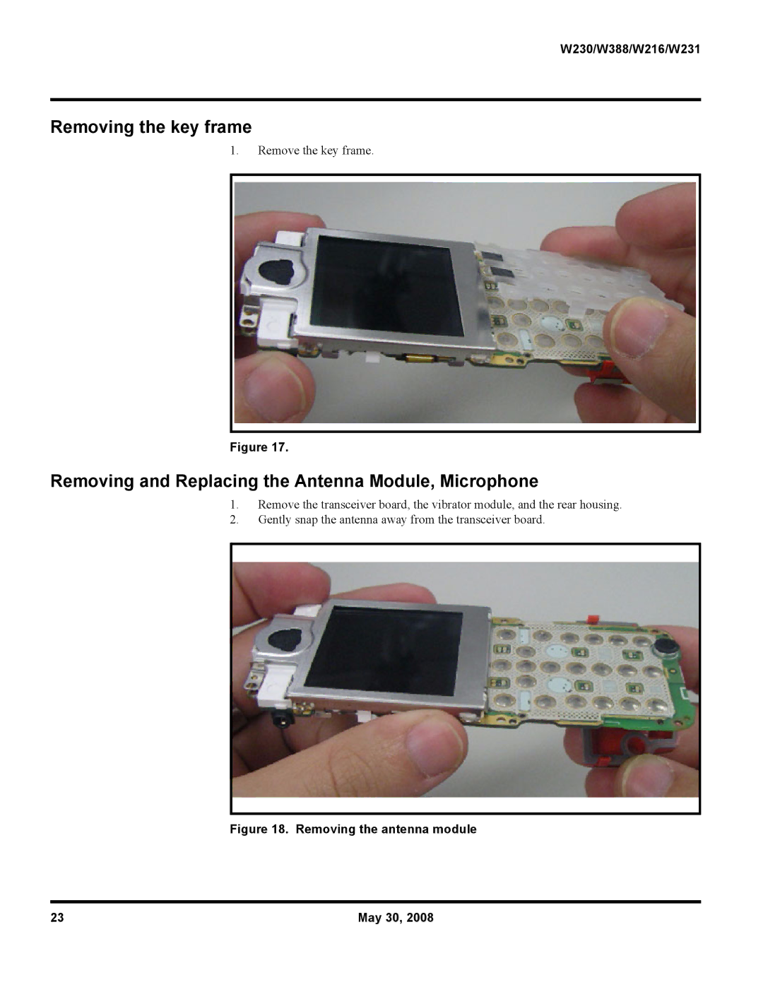 Motorola W388, W216, W231 service manual Removing the key frame, Removing and Replacing the Antenna Module, Microphone 