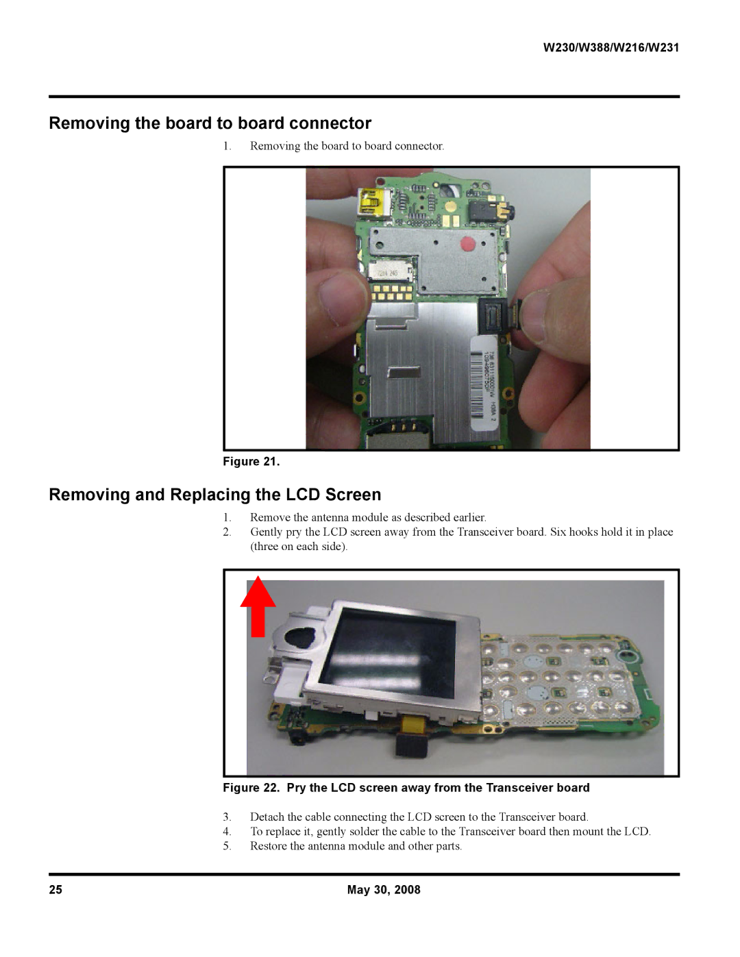 Motorola W231, W216, W388 service manual Removing the board to board connector, Removing and Replacing the LCD Screen 