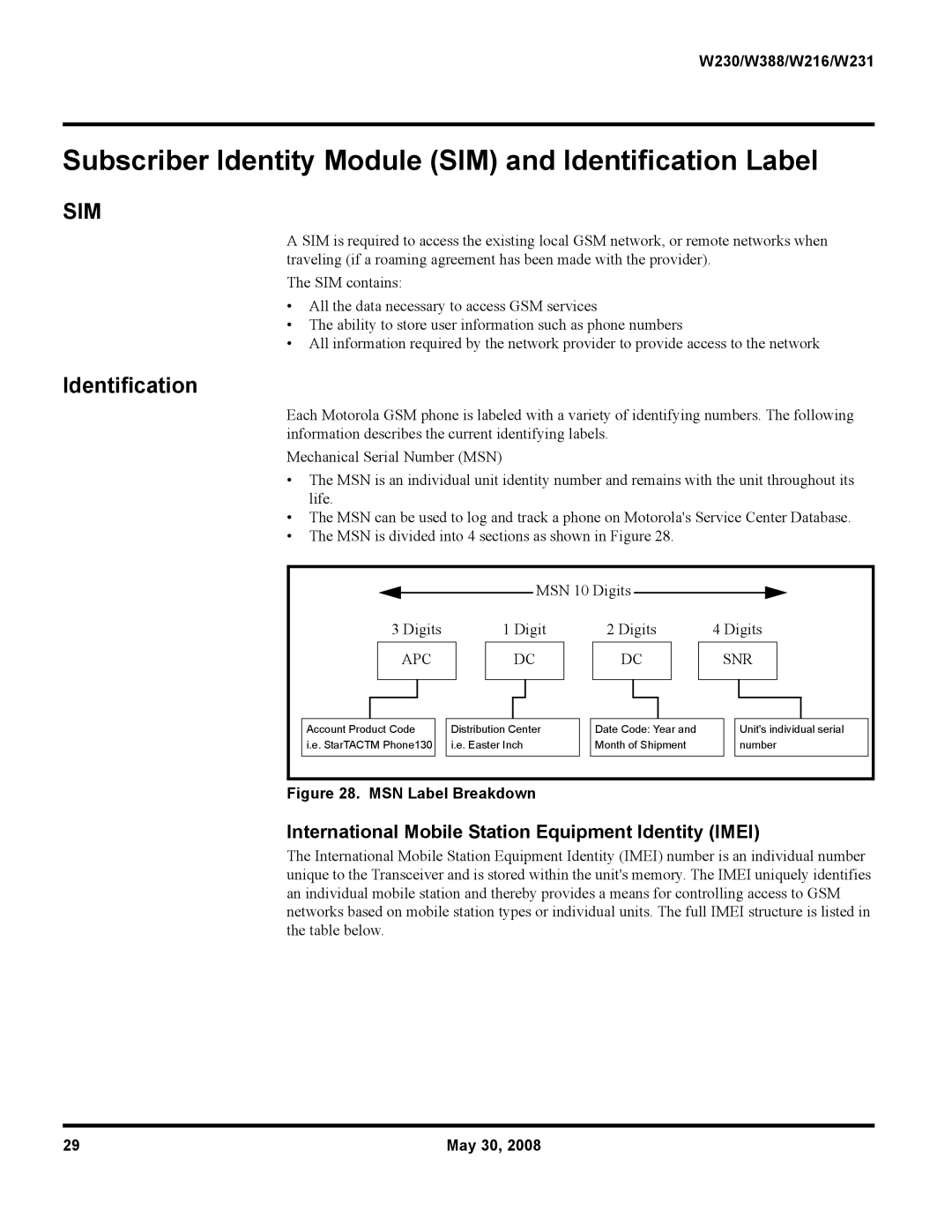 Motorola W388, W216, W231 service manual Subscriber Identity Module SIM and Identification Label 