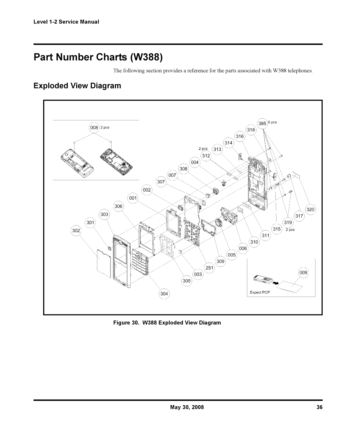 Motorola W216, W231 service manual Part Number Charts W388, W388 Exploded View Diagram May 30 