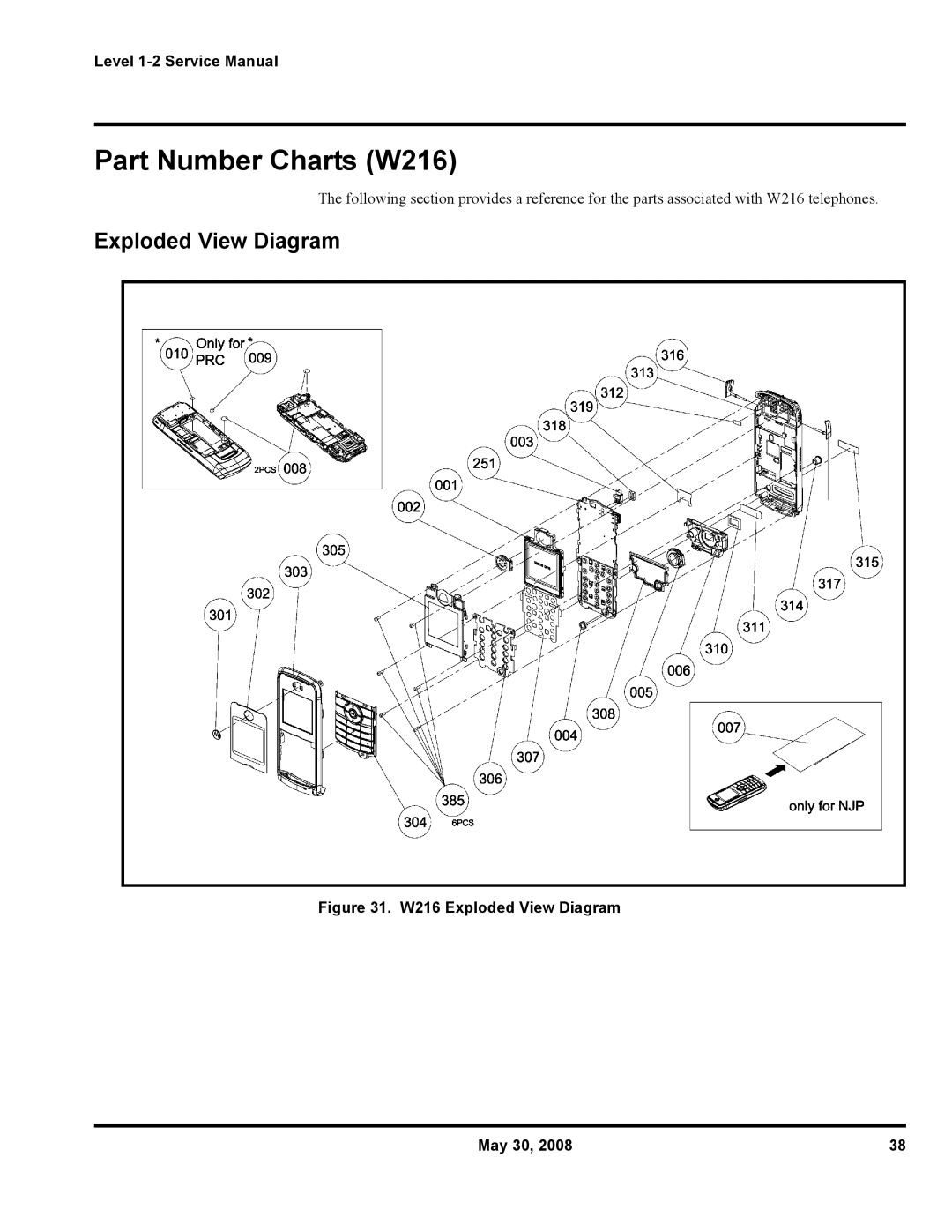 Motorola W388, W231 service manual Part Number Charts W216, W216 Exploded View Diagram May 30 