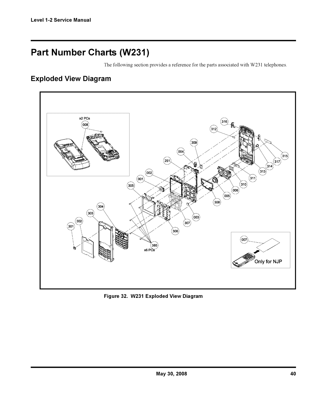 Motorola W216, W388 service manual Part Number Charts W231, W231 Exploded View Diagram May 30 