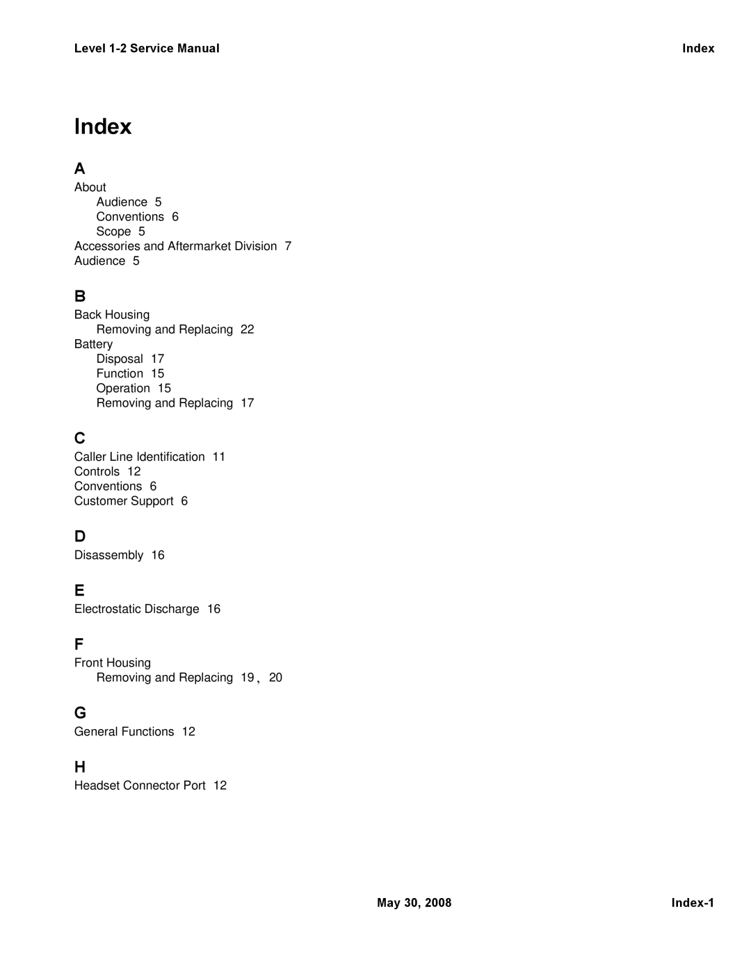 Motorola W231, W216, W388 service manual May 30 Index-1 