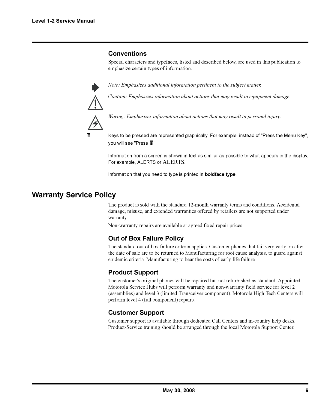 Motorola W216, W231 Warranty Service Policy, Conventions, Out of Box Failure Policy, Product Support, Customer Support 