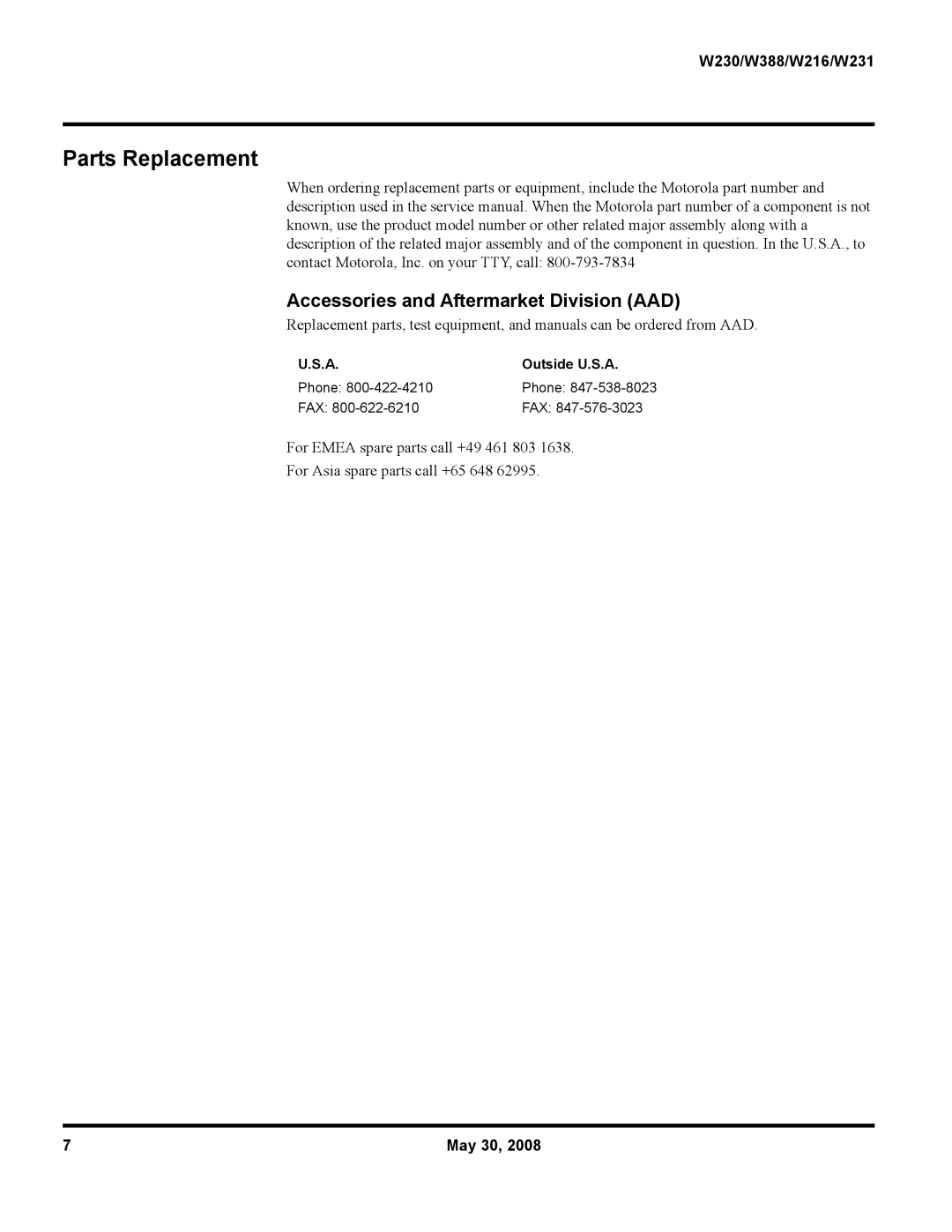 Motorola W231, W216, W388 service manual Parts Replacement, Accessories and Aftermarket Division AAD, Outside U.S.A 