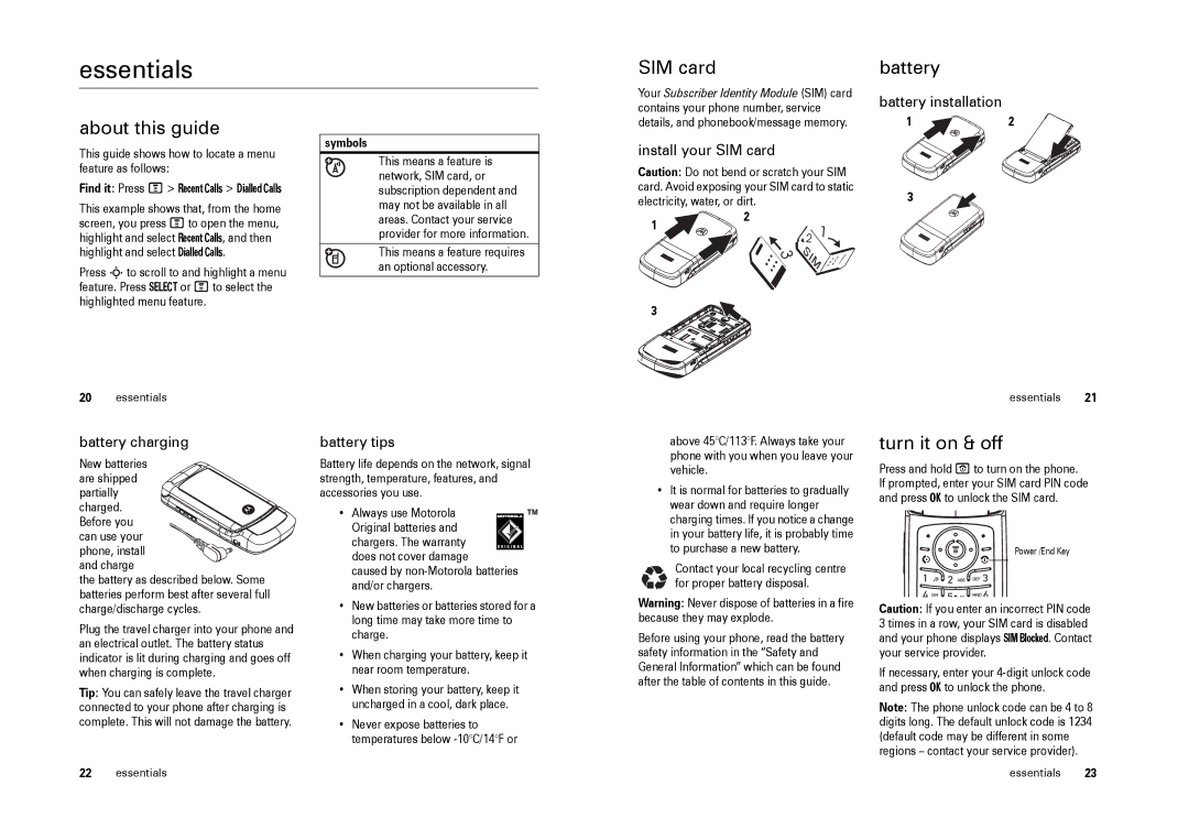 Motorola W220 manual Essentials, SIM card Battery About this guide, Turn it on & off 