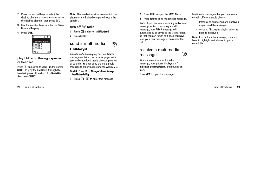 Motorola W220 manual Send a multimedia message, Receive a multimedia message, Play FM radio through speaker or headset 