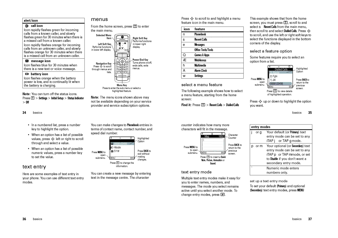 Motorola W220 manual Menus, Select a menu feature, Text entry mode, Select a feature option 