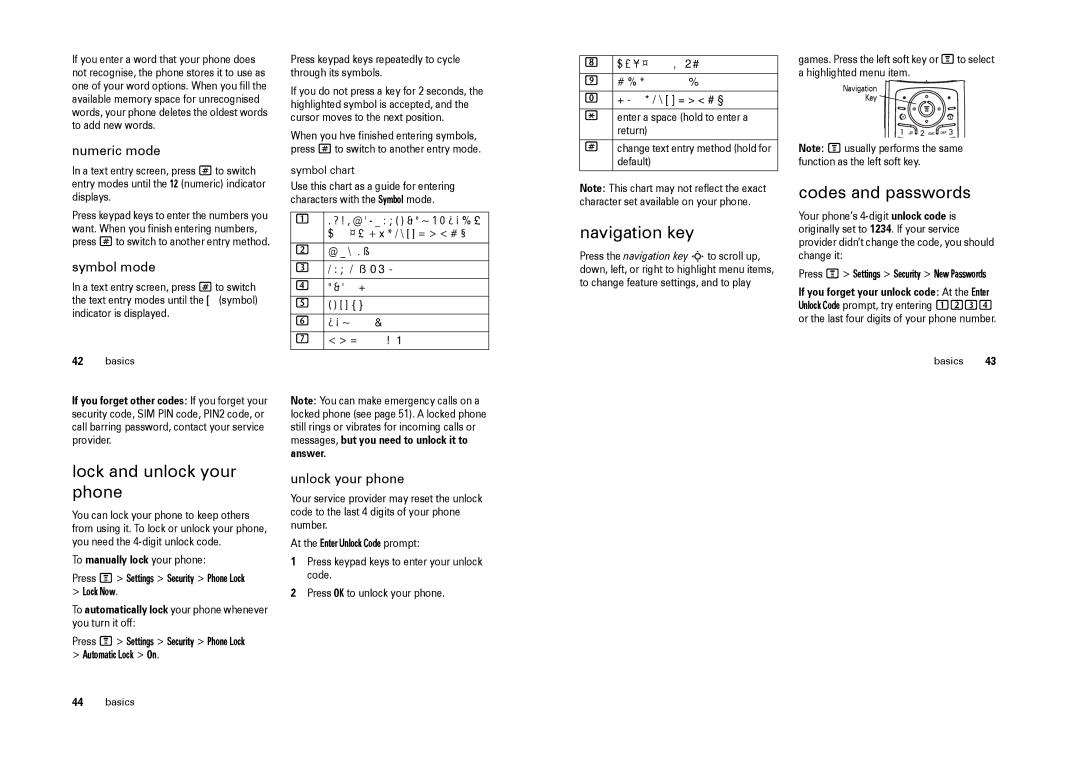 Motorola W220 manual Navigation key, Codes and passwords, Lock and unlock your phone 
