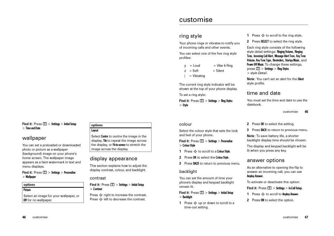 Motorola W220 manual Customise 