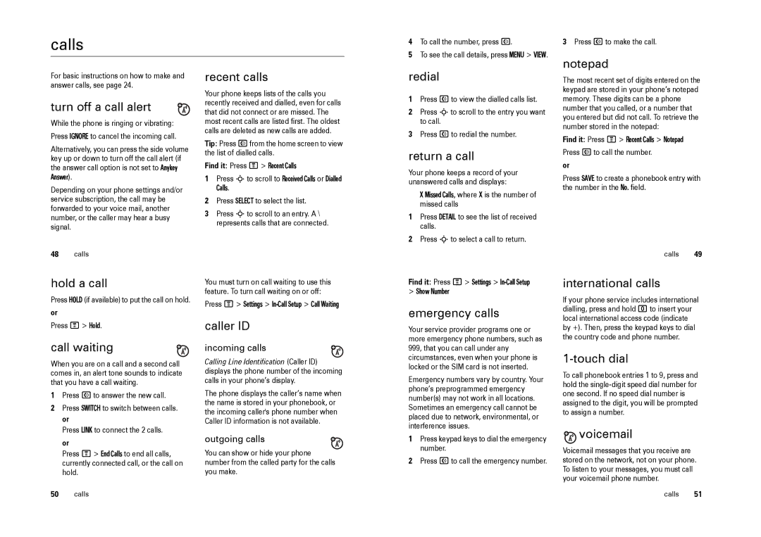 Motorola W220 manual Calls 