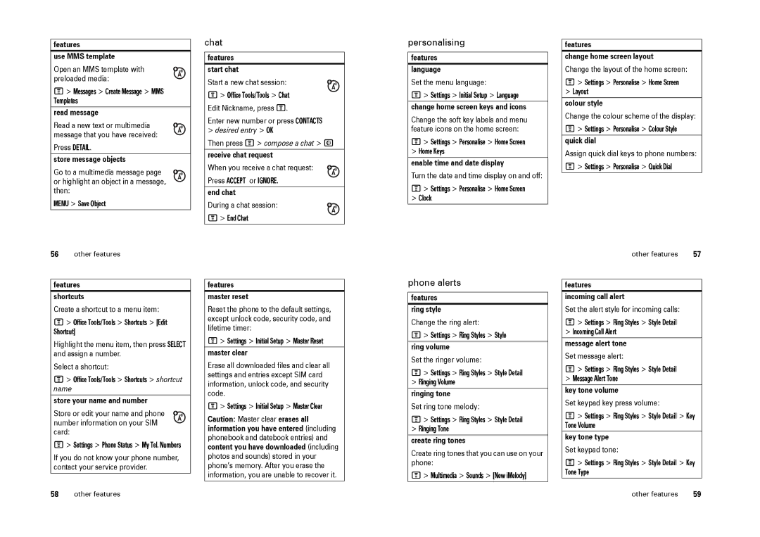 Motorola W220 manual Chat, Personalising, Phone alerts 