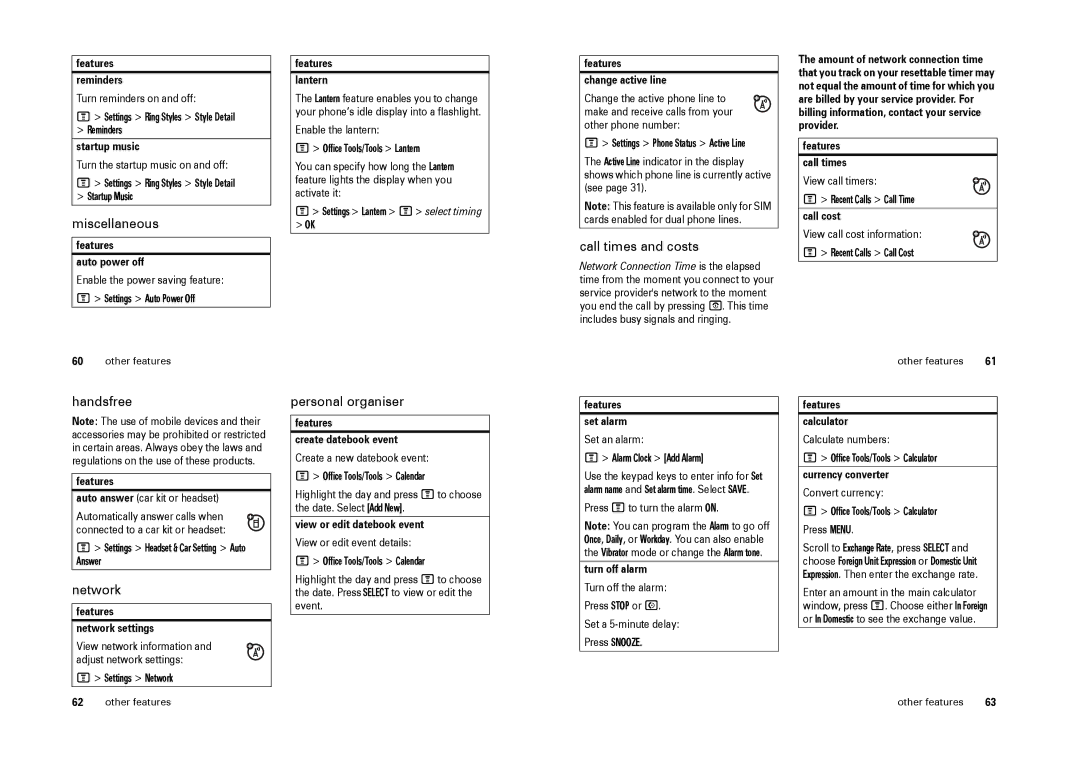 Motorola W220 manual Miscellaneous, Call times and costs, Handsfree, Network, Personal organiser 