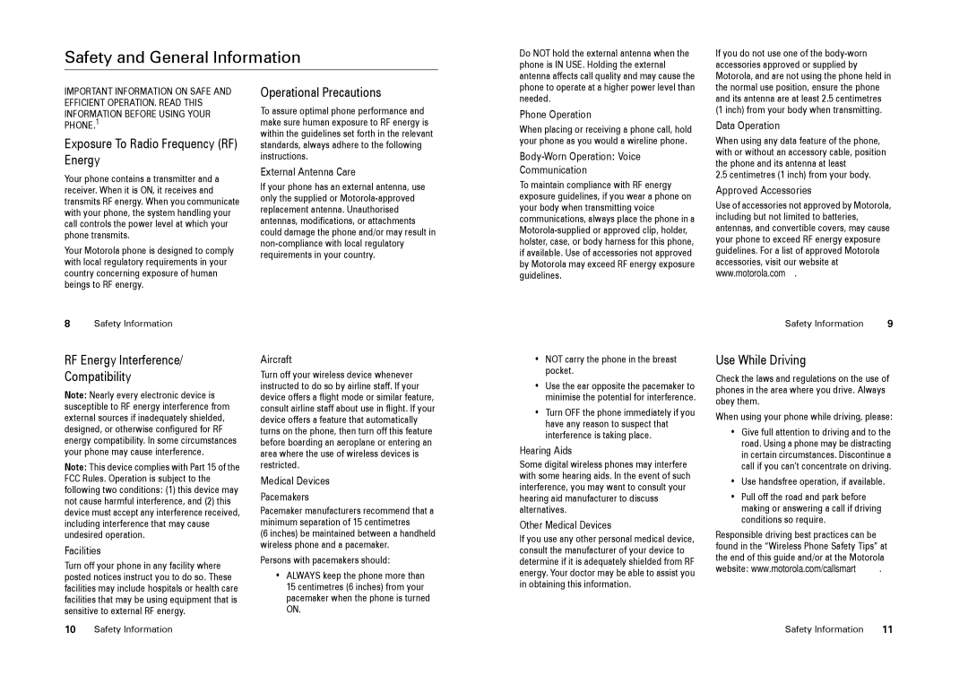 Motorola W220 manual Safety and General Information, Exposure To Radio Frequency RF Energy, Operational Precautions 