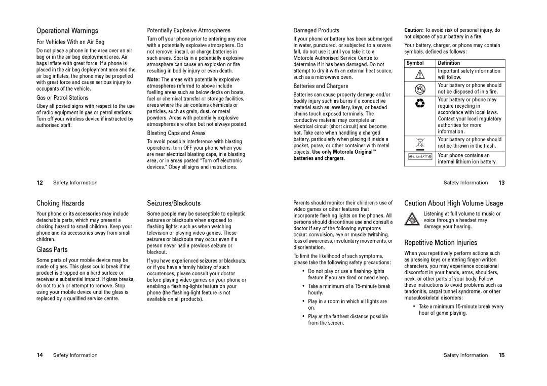 Motorola W220 manual Operational Warnings, Choking Hazards, Glass Parts, Seizures/Blackouts, Repetitive Motion Injuries 