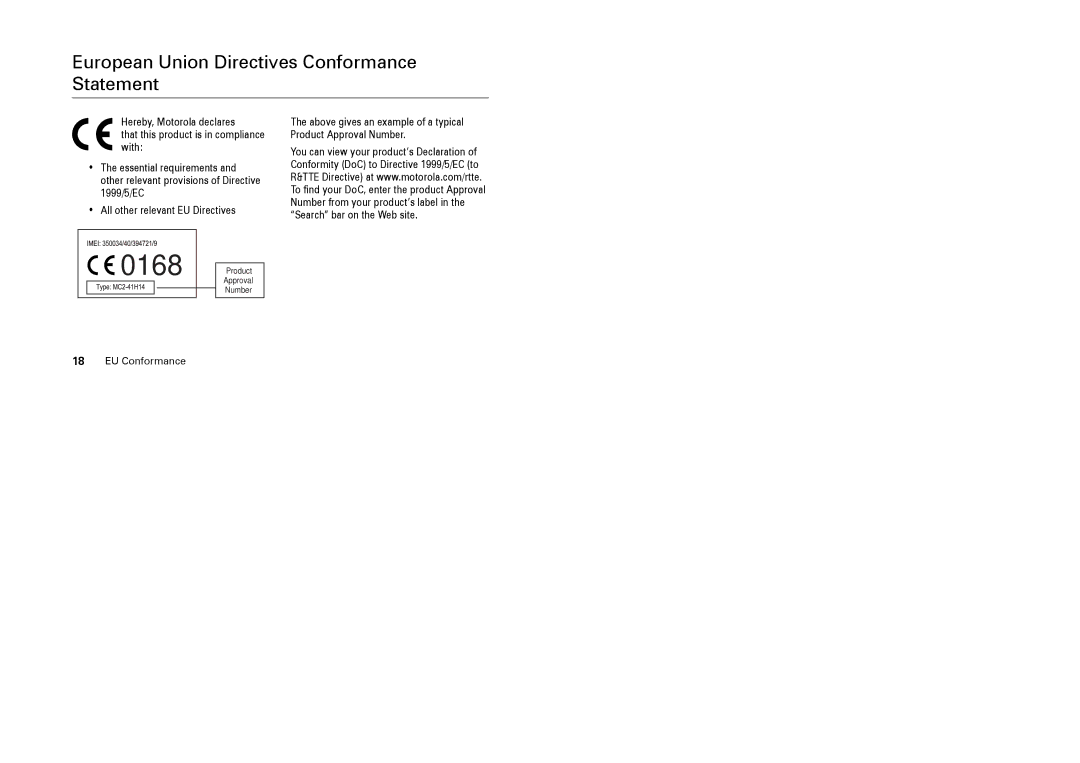 Motorola W220 manual European Union Directives Conformance Statement, EU Conformance 