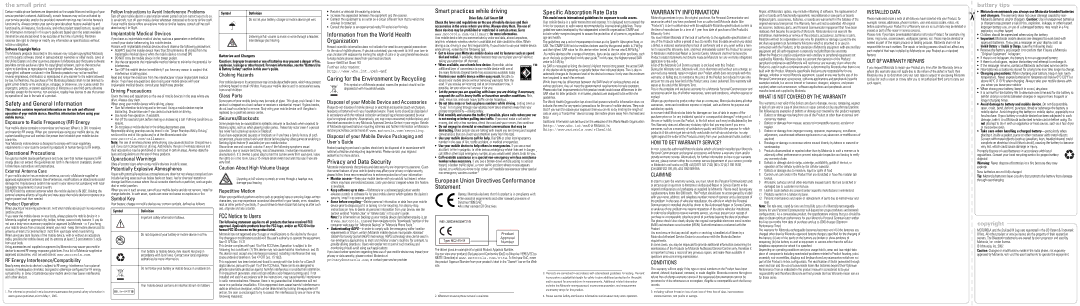 Motorola W230 Exposure to Radio Frequency RF Energy, Operational Precautions, Implantable Medical Devices, Symbol Key 