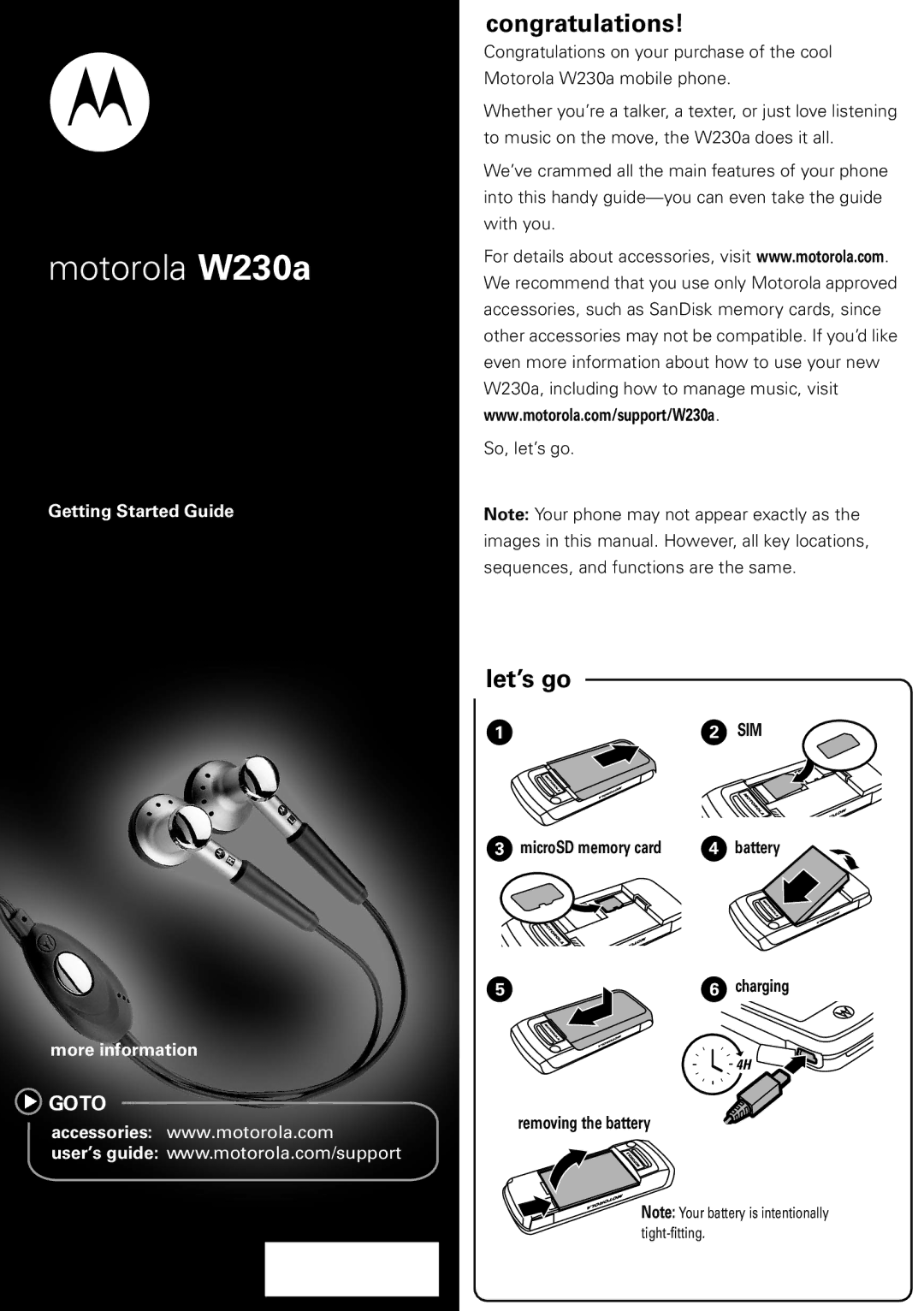 Motorola W230a manual Congratulations, Let’s go, Removing the battery 