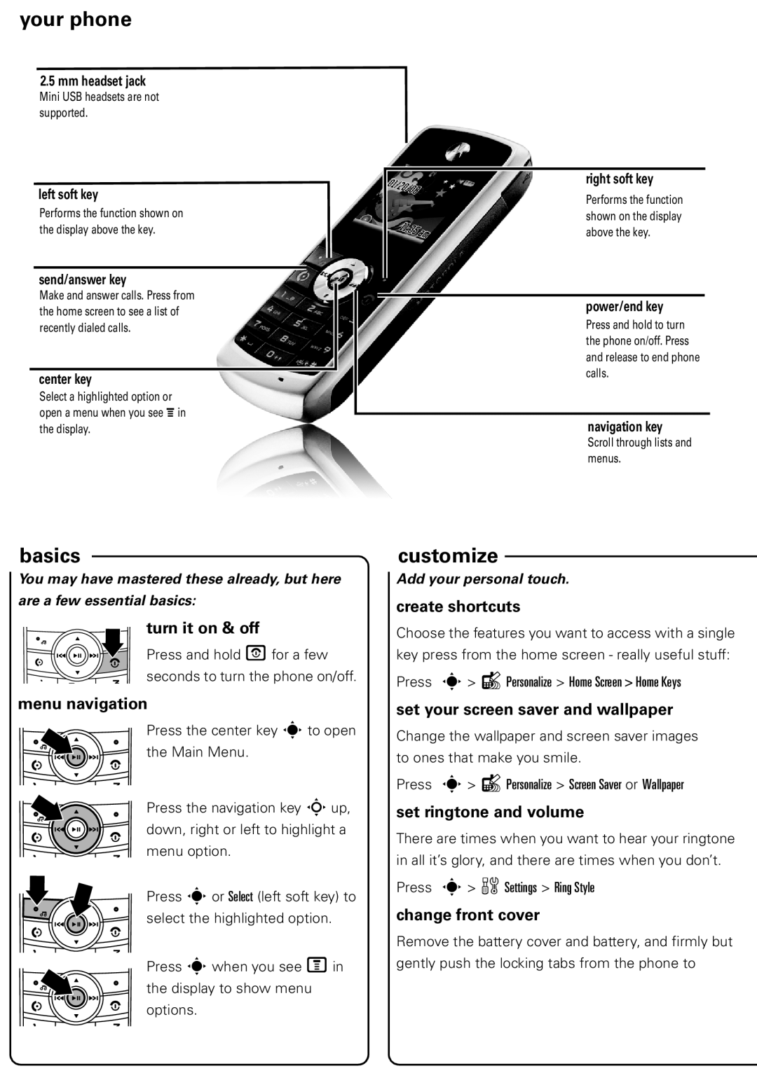 Motorola W230a manual Your phone, Basics, Customize 