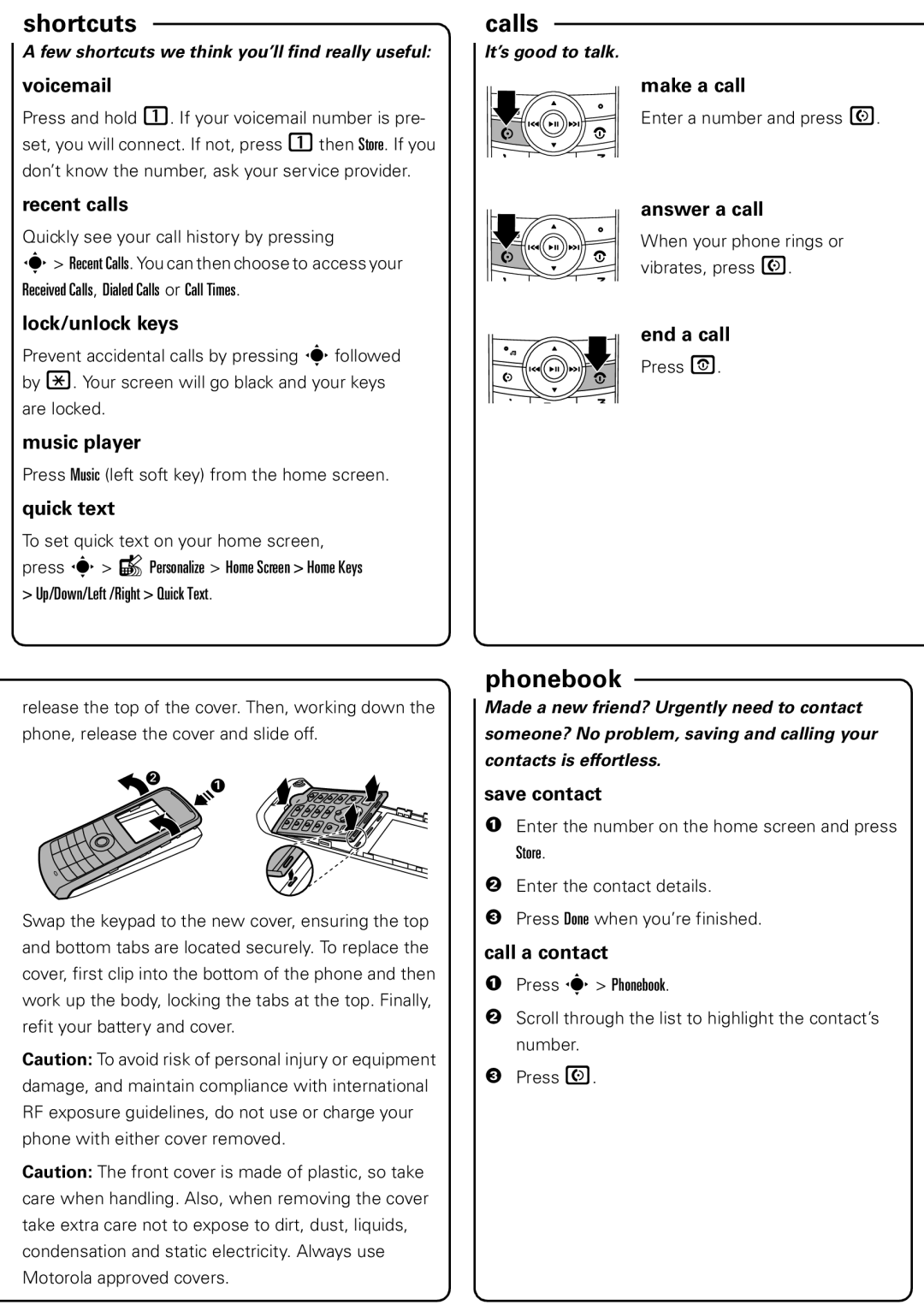 Motorola W230a manual Shortcuts, Calls, Phonebook 