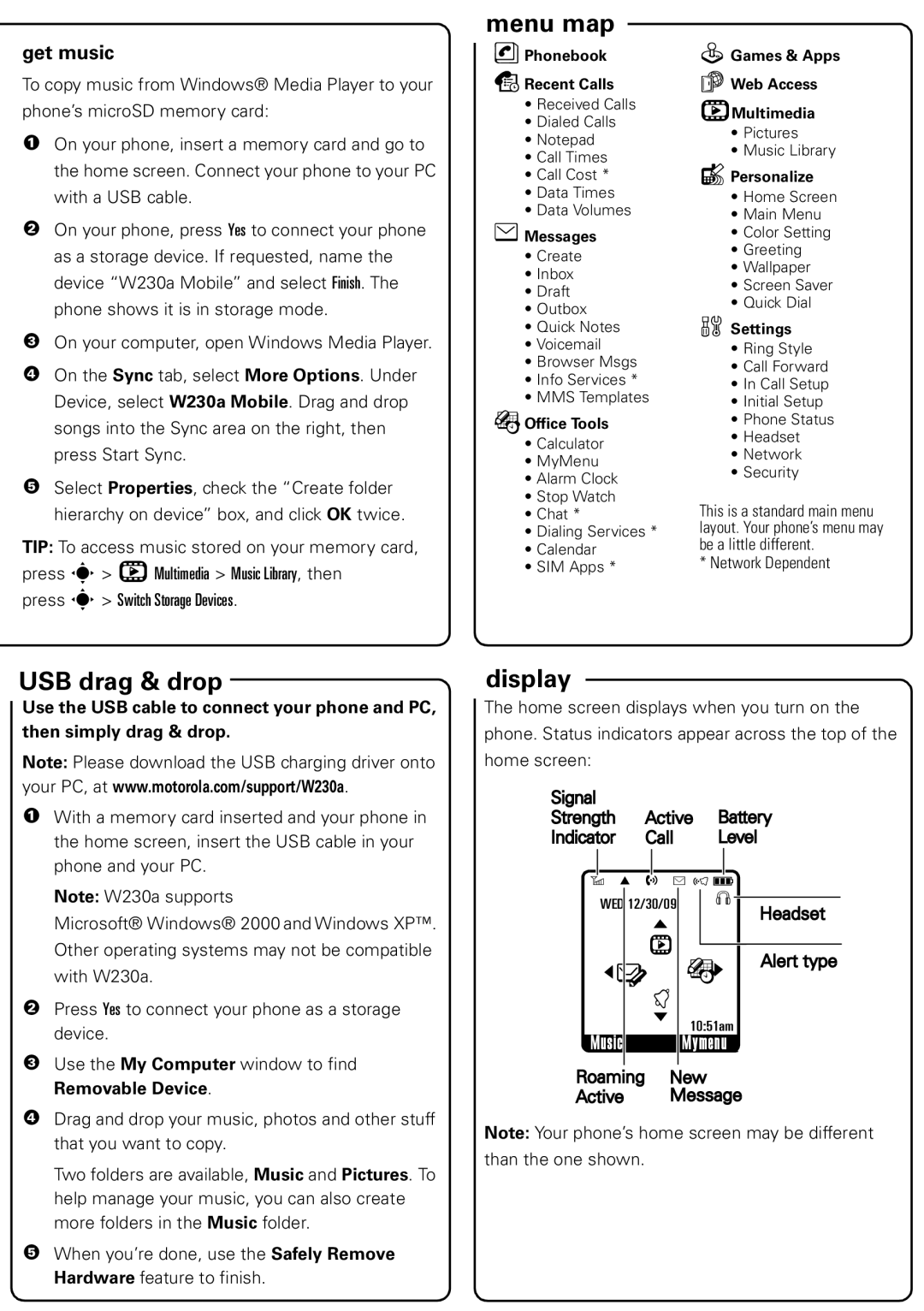 Motorola W230a manual Menu map, USB drag & drop, Display, Get music, Removable Device 