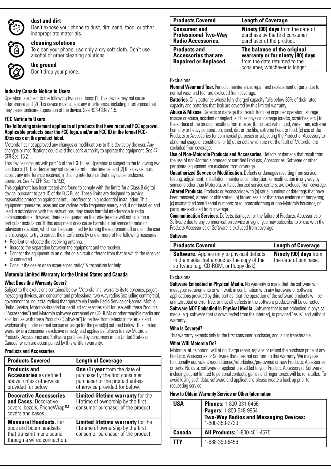 Motorola W230a manual Industry Canada Notice to Users, FCC Notice to Users 