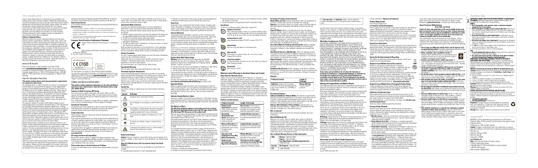 Motorola W259 manual Industry Canada Notice to Users, FCC Notice to Users, Use & Care, Product Registration 