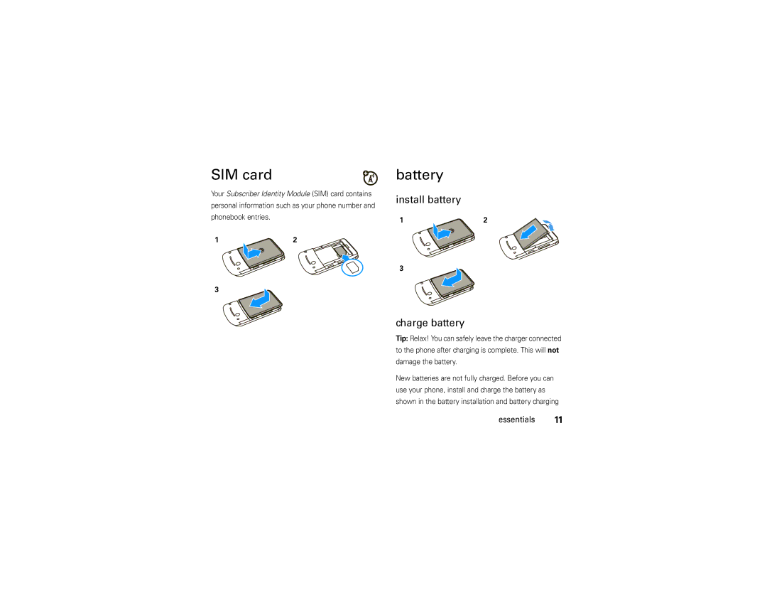 Motorola W260g manual SIM card, Battery, Install battery Charge battery 