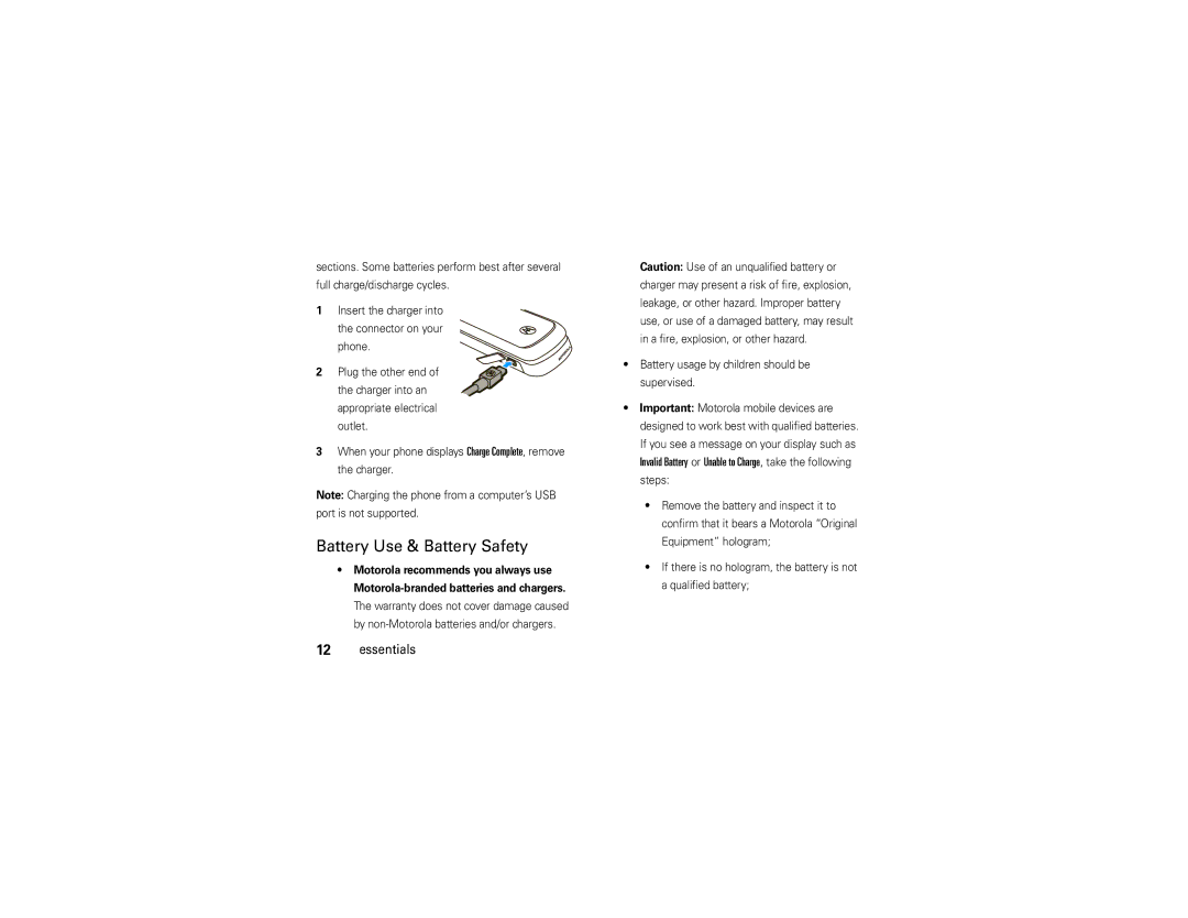 Motorola W260g manual Battery Use & Battery Safety, Battery usage by children should be supervised 